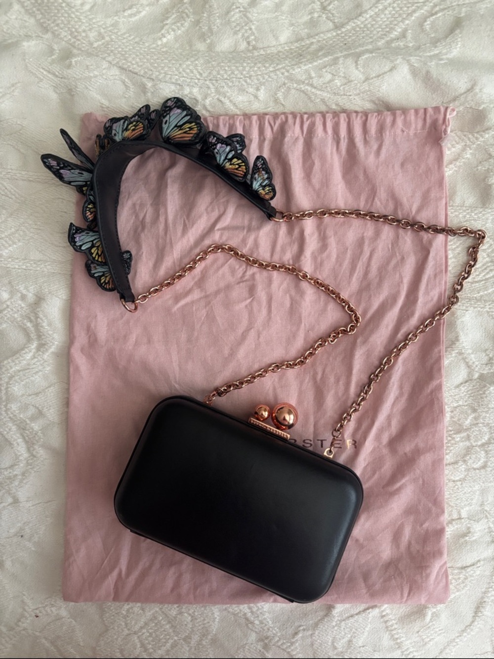 Sophia Webster Butterfly Black Clutch with Rose Gold Chain and Kiss-Lock Closure